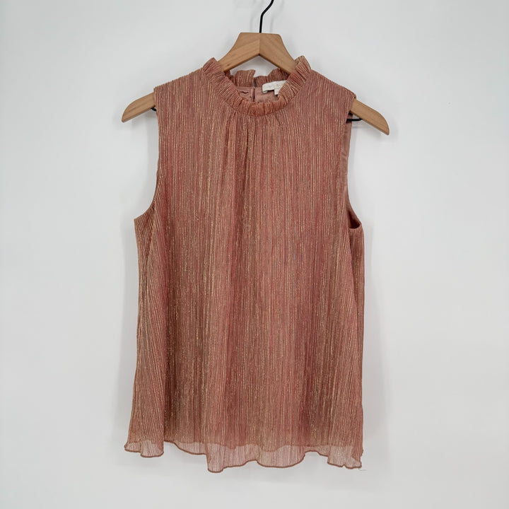 Anthropologie Eri + Ali Top Women Small Rose Gold Shimmer Ruffle Keyhole Back