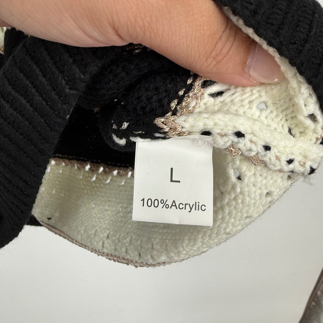 Striped Open Knit Sweater V Neck Black Cream Lightweight Size L