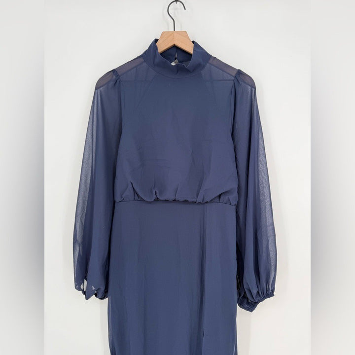 Lulus Graceful Entrance Navy Blue Long Sleeve Backless Maxi Dress Size L