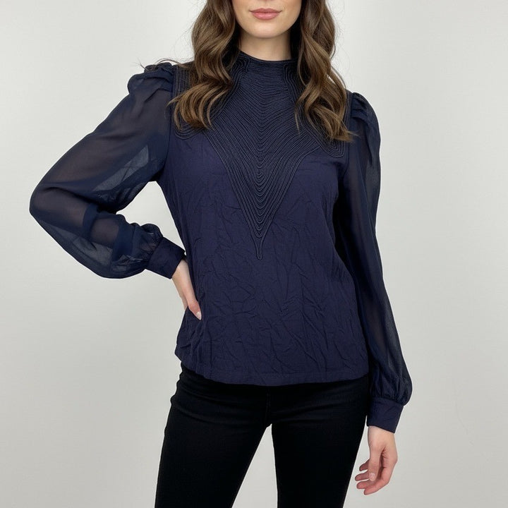 Gracia Navy Blouse Long Sleeve Mock Neck Top Size L