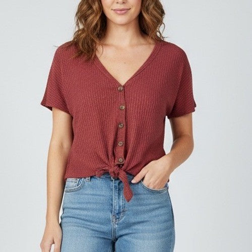 Pink Republic Women's Waffle Knit Tie Front Button Down Top Size L