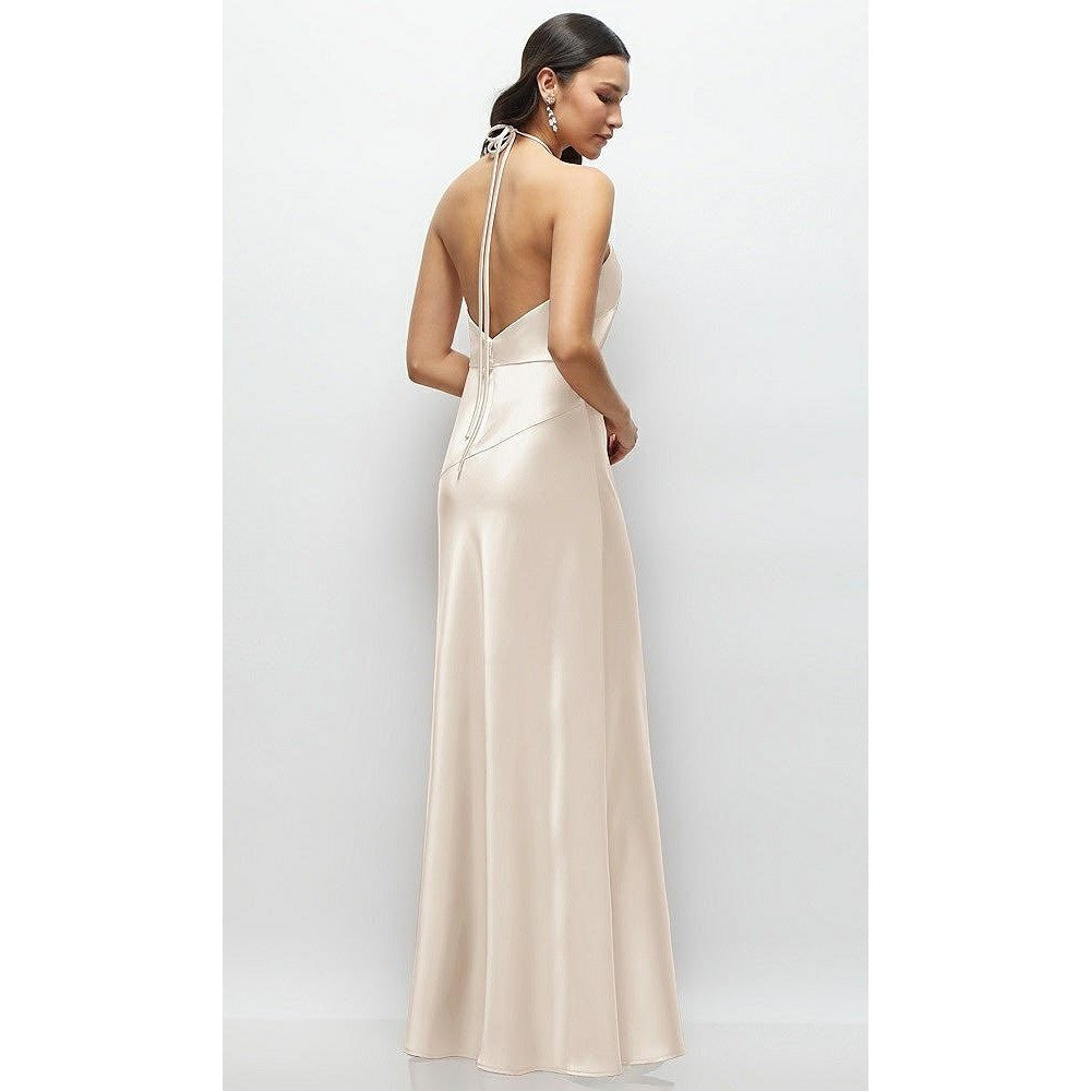 Lovely new beige satin halter bias cut asymmetric flowy maxi dress size L