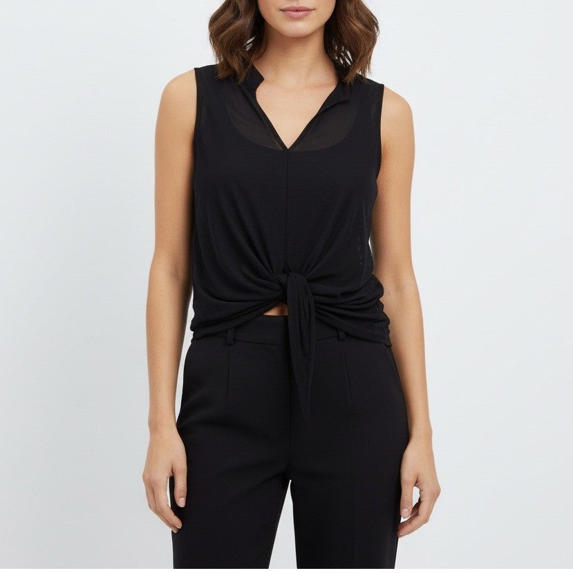 Bar III Black Mesh V Neck Ruched Front Sleeveless Top XS