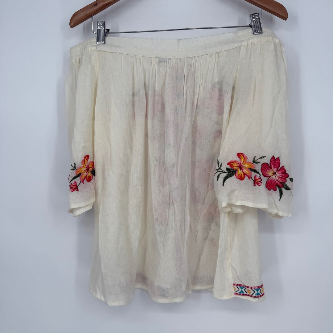 Umgee Off Shoulder Embroidered Floral Tunic Top Blouse Women's Size Medium Cream