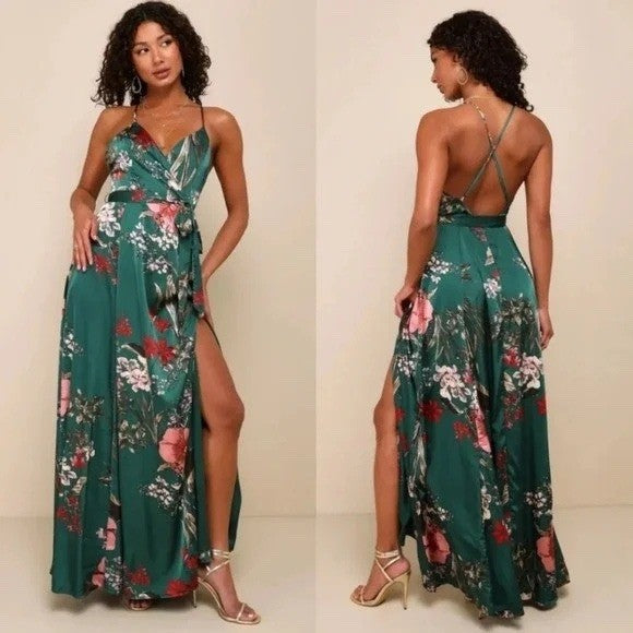 Lulus Still The One Emerald Green Floral Print Satin Maxi Dress Size S
