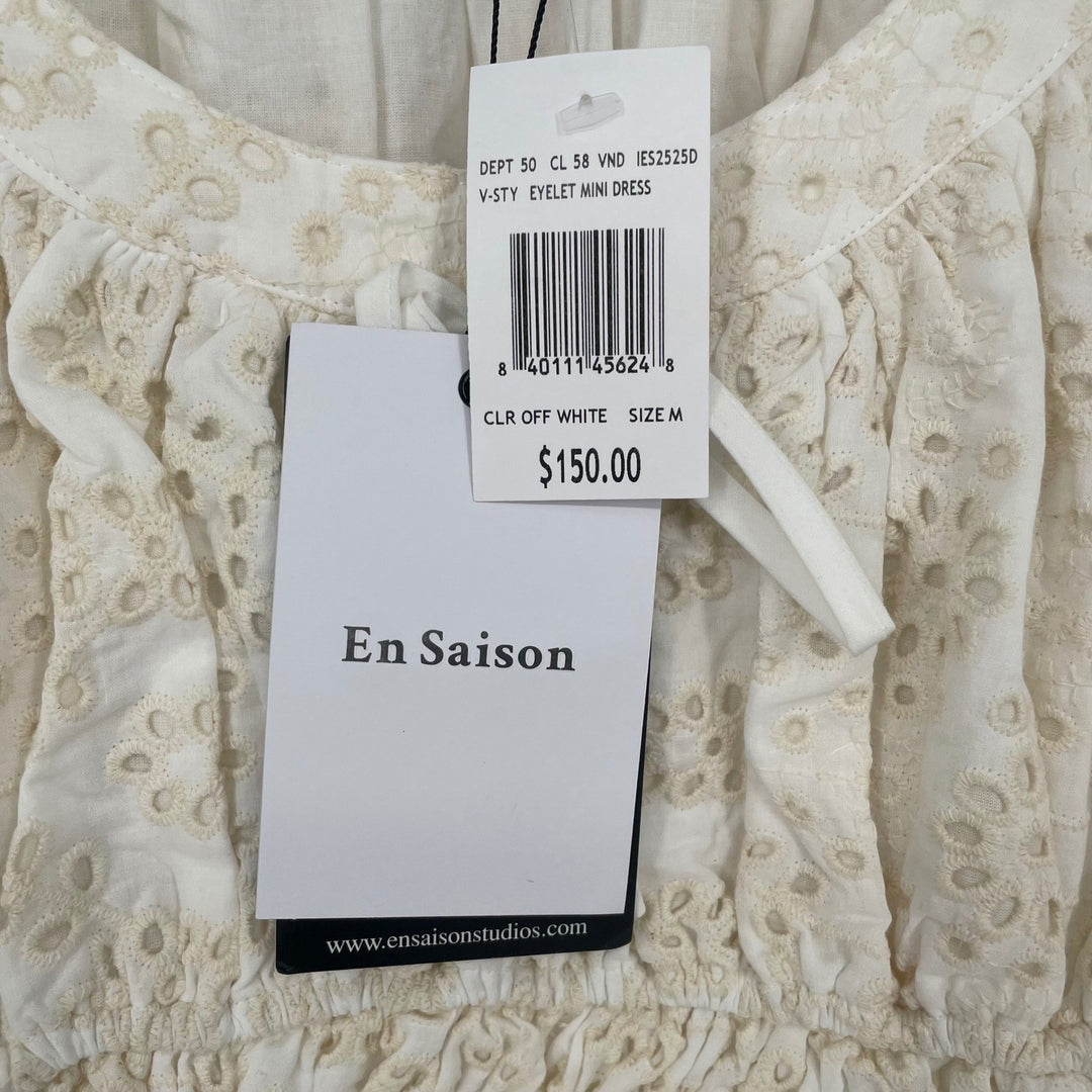 En Saison Eyelet Mini Dress Off White Puff Sleeve Square Neck Tiered Cotton M
