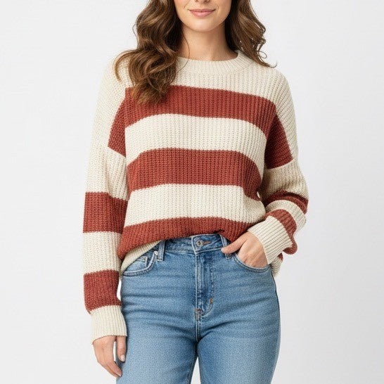 Favlux Fashion Cream Rust Striped Crew Neck Sweater Size L Acrylic Chunky Knit
