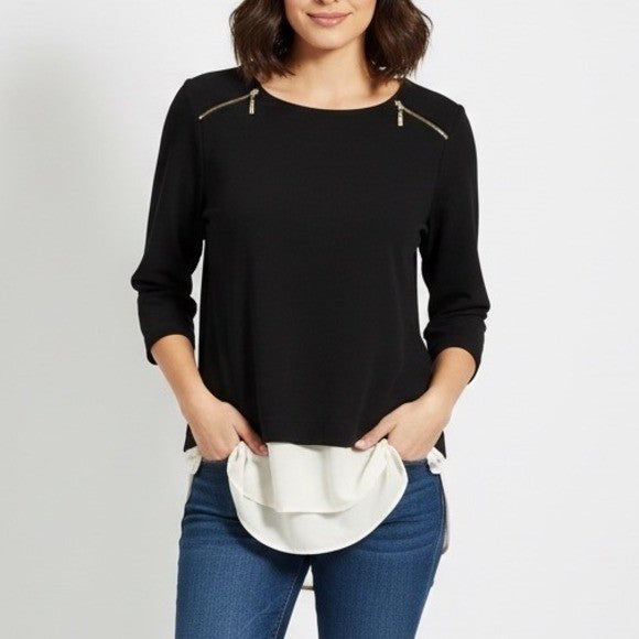 Atmosphere Black Cream Layered Top Gold Zipper Detail 3/4 Sleeve Size 6