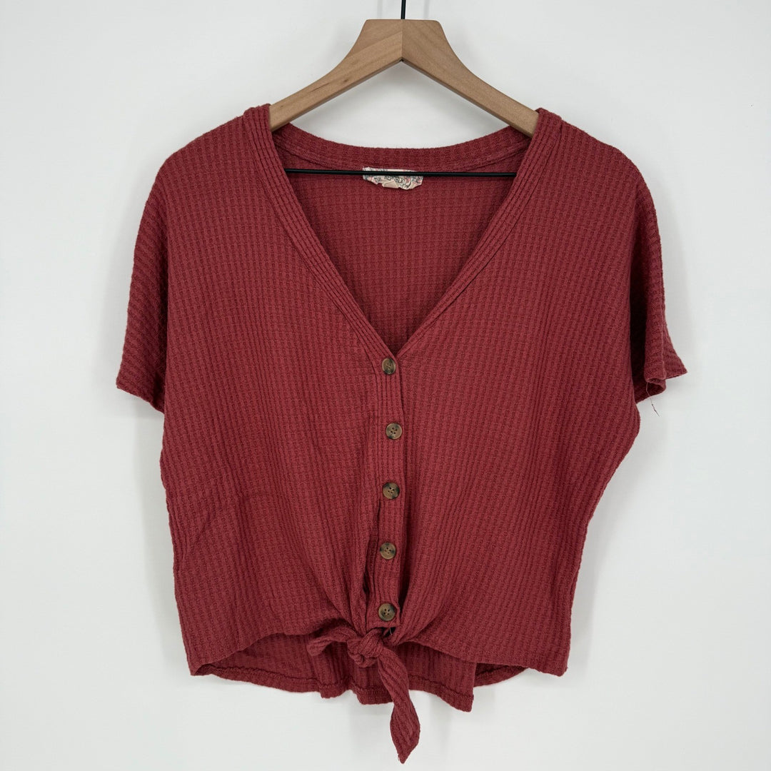 Pink Republic Women's Waffle Knit Tie Front Button Down Top Size L