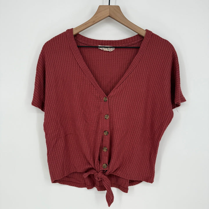 Pink Republic Women's Waffle Knit Tie Front Button Down Top Size L