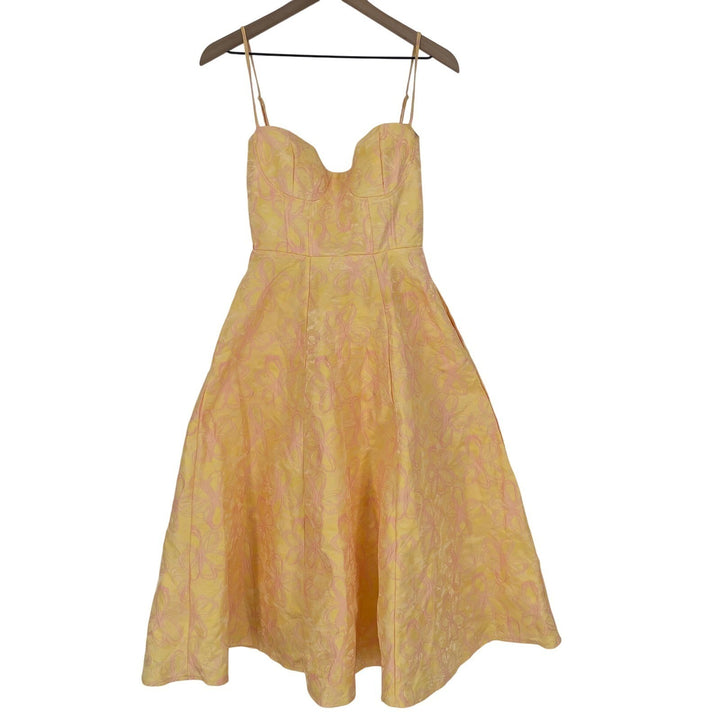 Lulus Meet For Tea Yellow Jacquard Bustier Midi Dress With Pockets Size XS