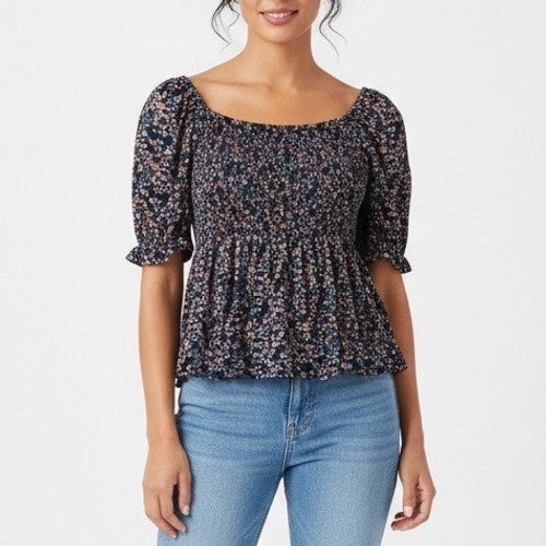 Isabel Maternity Smocked Bodice Floral Print Square Neck Puff Sleeve Top XL