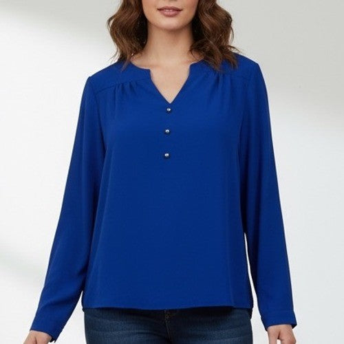 SHEIN Cobalt Blue Blouse Top Womens Long Sleeve Button Detail V-Neck Size L