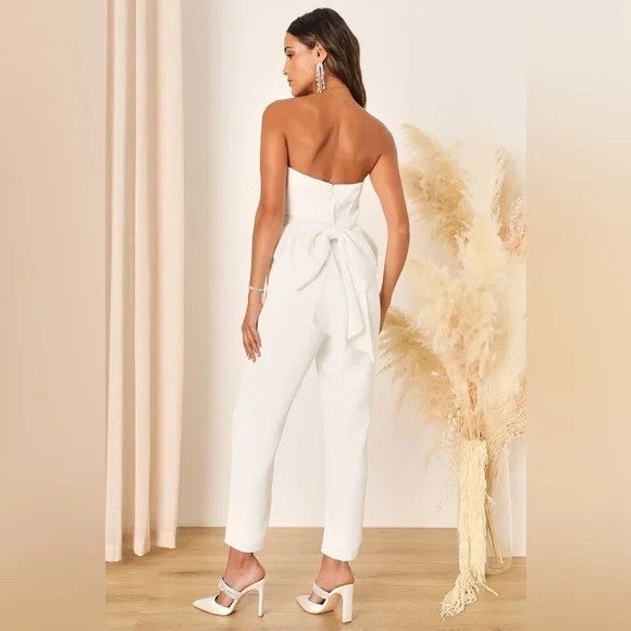 Lulus Beloved Bliss Ivory Strapless Slim Leg Bow Jumpsuit Size L