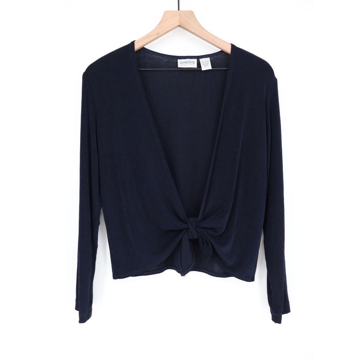 Chicos Travelers Navy Blue Long Sleeve Knot Front Cardigan Sweater Size 0/S