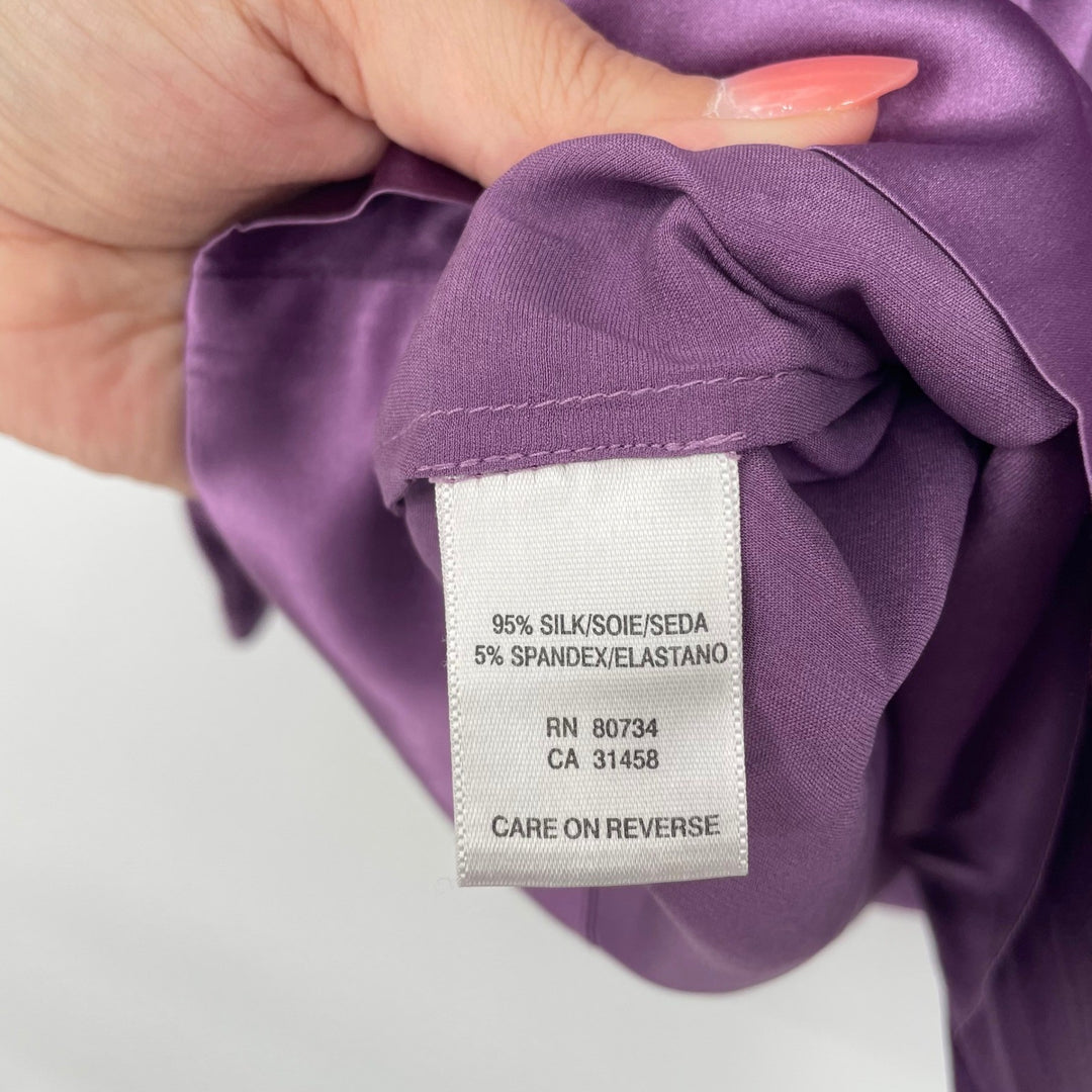 BCBGMAXAZRIA Purple Silk Blend Ruffle Neck Button Front Blouse Top Size S