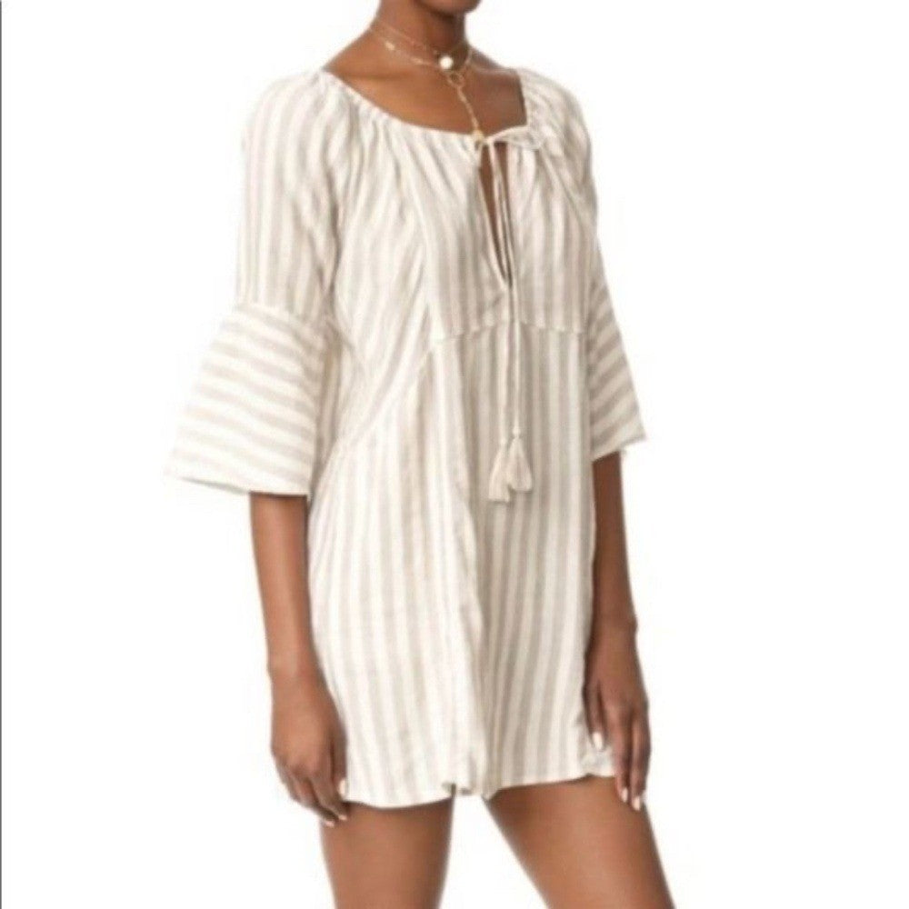 Free People Folk Town Linen Off-Shoulder Striped Mini Dress Size XS