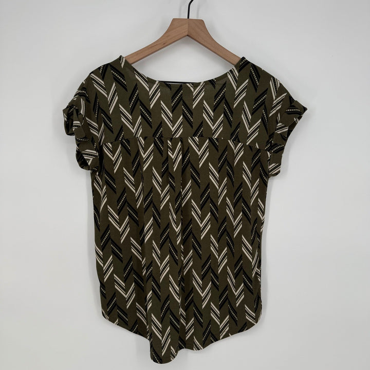 Flower & Feather Olive Green Geometric Print Top Blouse Zipper Detail Size S