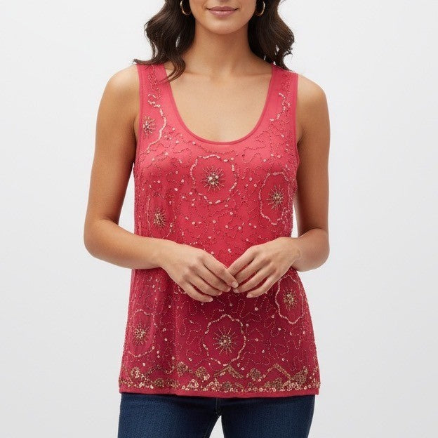 Moulinette Soeurs Beaded Tank Top Coral Pink Sheer Beaded Embellishment Size 4