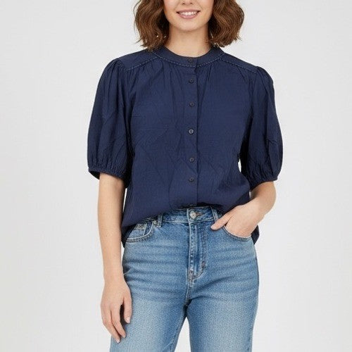 Pretty Garden Navy Blue Puff Sleeve Button Down Shirt Women's XL Casual