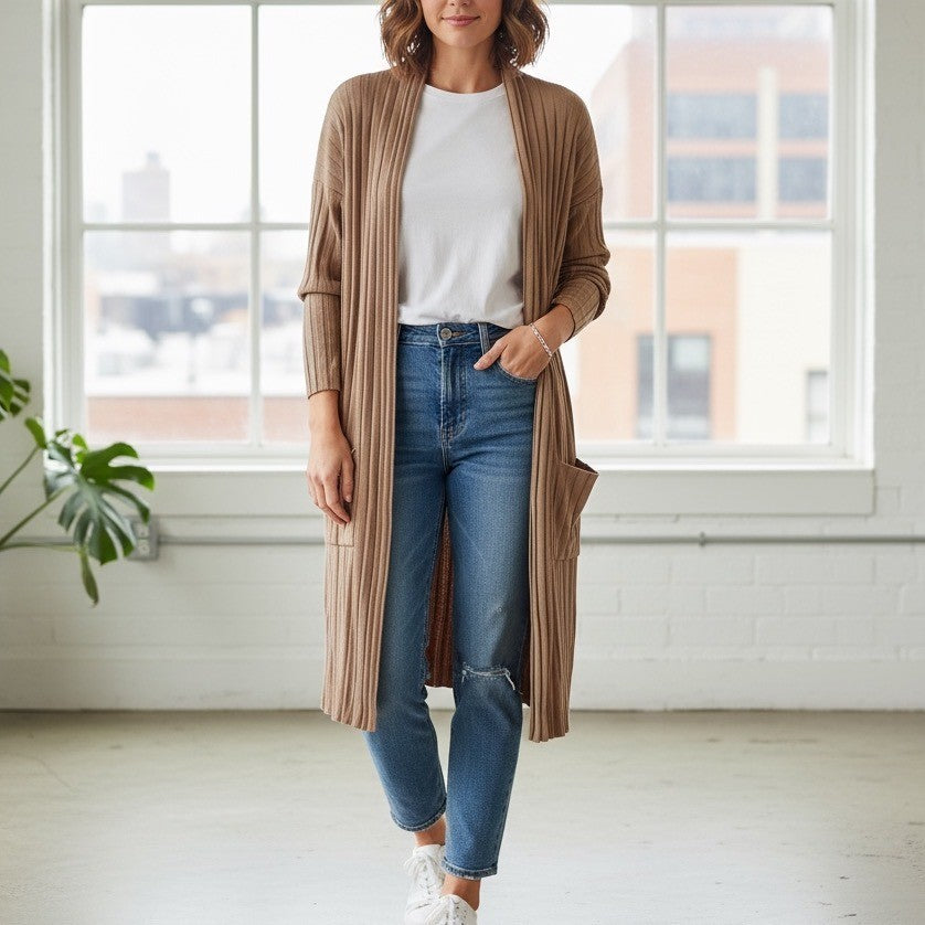 BB Dakota Ribbed Knit Duster Cardigan Tan Brown Open Front Pockets Long Sleeve M