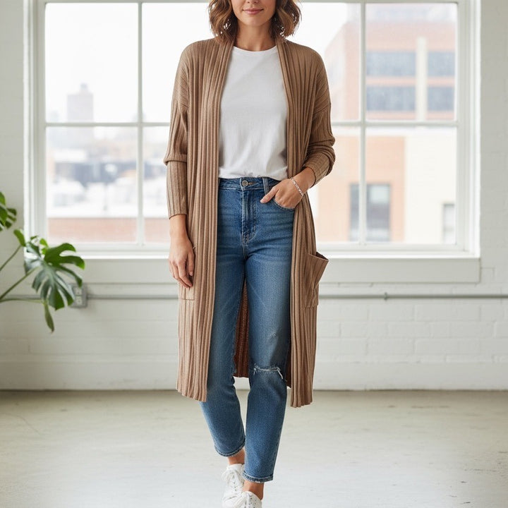 BB Dakota Ribbed Knit Duster Cardigan Tan Brown Open Front Pockets Long Sleeve M