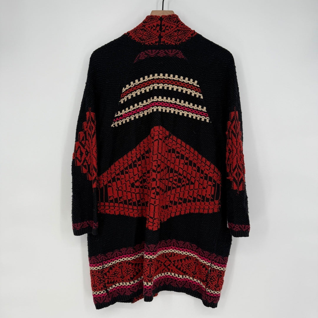 Lucky Brand Aztec Cardigan Sweater Chenille Texture Black Red Knit Boho Medium