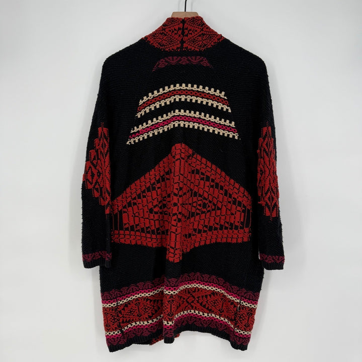 Lucky Brand Aztec Cardigan Sweater Chenille Texture Black Red Knit Boho Medium