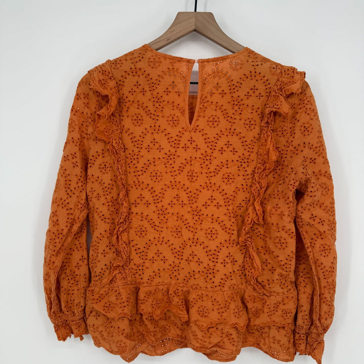 The Great Eyelet Ruffle Flutter Top Womens 3 Rust Orange Cotton Keyhole Back