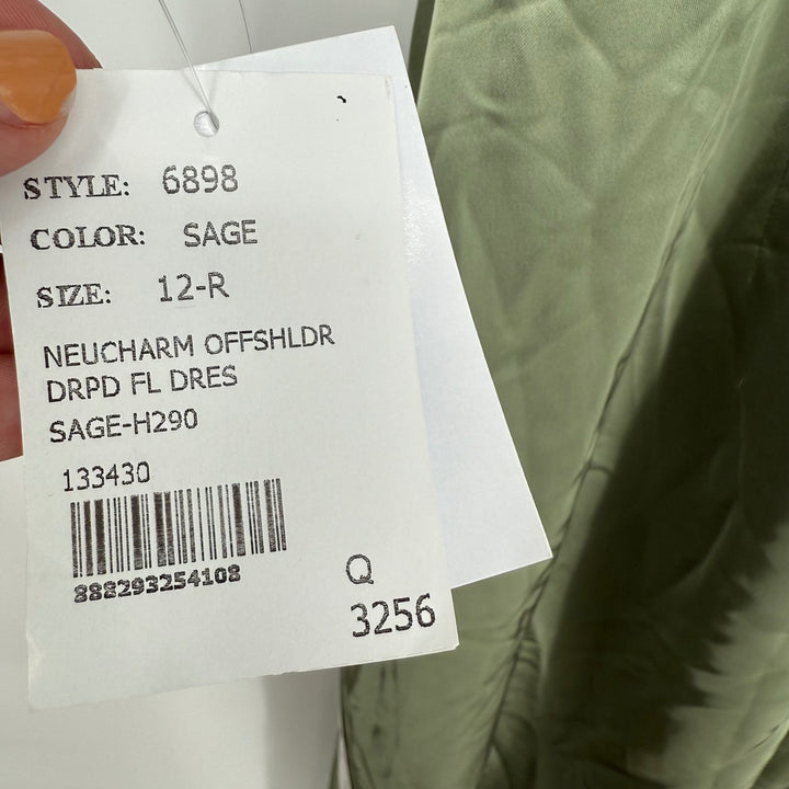 AFTER SIX Sage Green Satin Corset Drape Neck Off Shoulder Maxi Dress Size 12 R