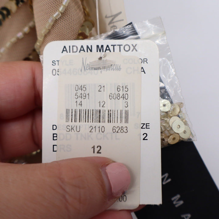 Aidan Mattox Beaded Sequin V Neck Cocktail Dress Champagne Gold Size 12