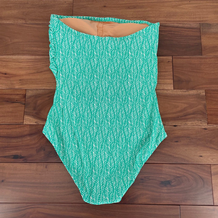 J.Crew Ruched Strapless One Piece Swimsuit Green White Leaf Print Size L