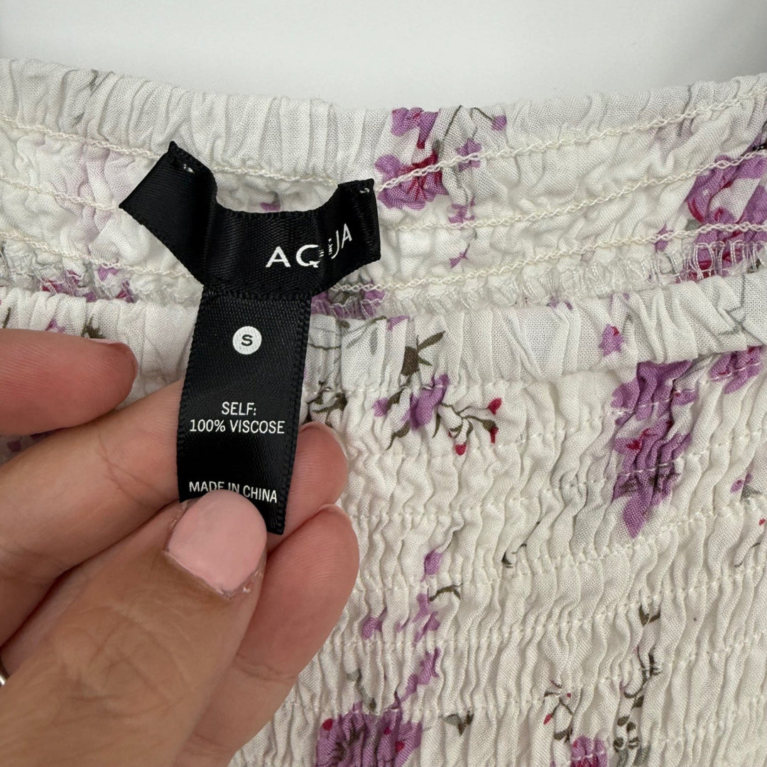 Aqua Maxi Dress Floral Print White Black Purple Smocked Bodice Tie Straps Size S