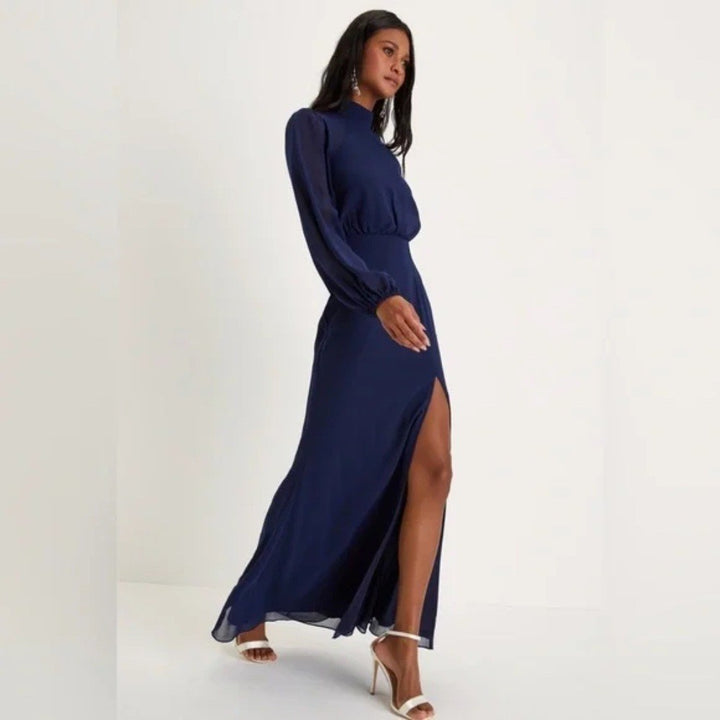 Lulus Graceful Entrance Navy Blue Long Sleeve Backless Maxi Dress Size L