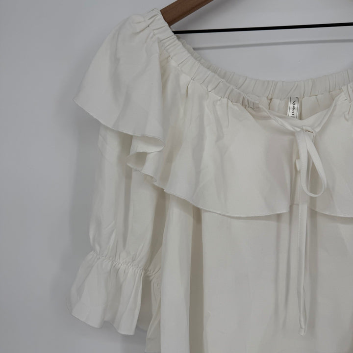 White Off Shoulder Ruffle Blouse Top 3/4 Sleeve Tie Neck Sheer Flowy Plus Size L
