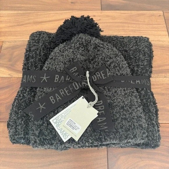 Barefoot Dreams CozyChic Pom Pom Beanie & Scarf Set Womens Carbon Black Warmer