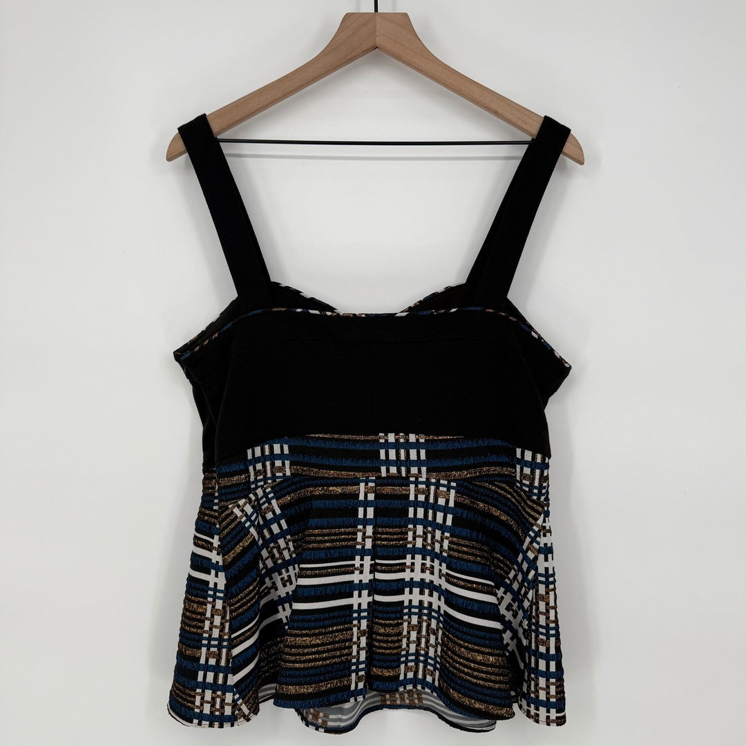 Anthropologie Deletta Nathalie Peplum Top Black Pleated Stripes Plaid Size L