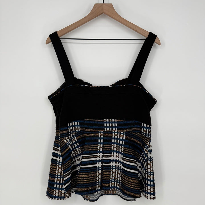 Anthropologie Deletta Nathalie Peplum Top Black Pleated Stripes Plaid Size L