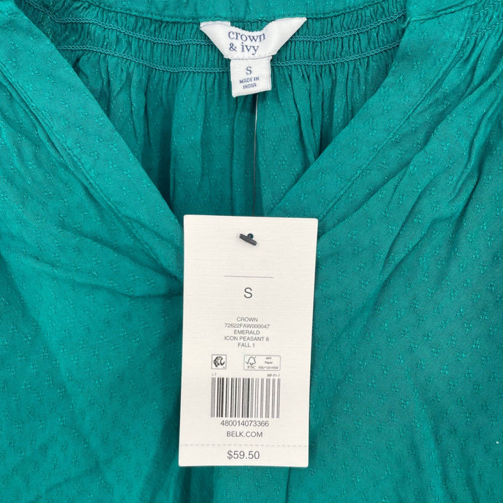 Crown Ivy Teal Green Textured Gathered Neck 3/4 Sleeve Blouse Top Size S