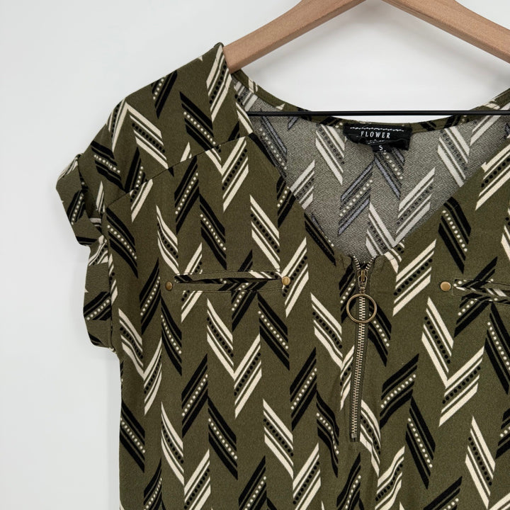 Flower & Feather Olive Green Geometric Print Top Blouse Zipper Detail Size S