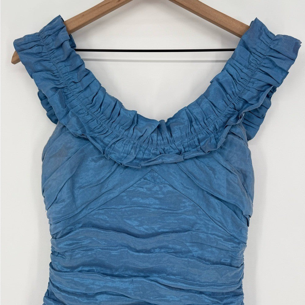 BCBGMaxazria Blue Mini Dress Form Fitting With Ruffles Women's Size 8