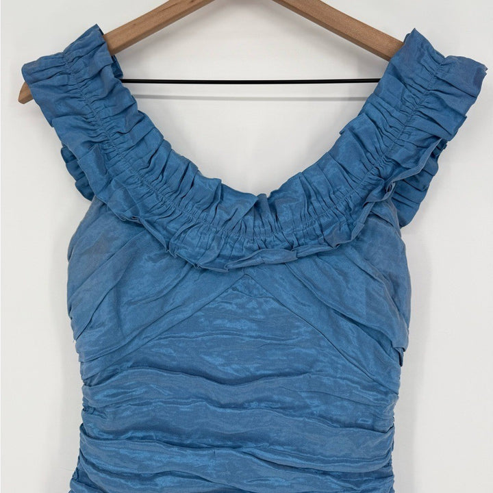 BCBGMaxazria Blue Mini Dress Form Fitting With Ruffles Women's Size 8