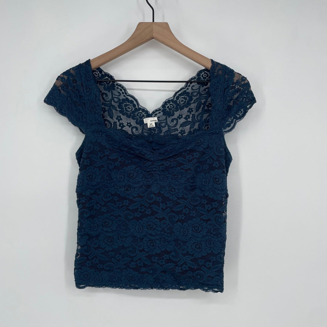 Garage Lace Cap Sleeve Square Neck Top Teal Medium