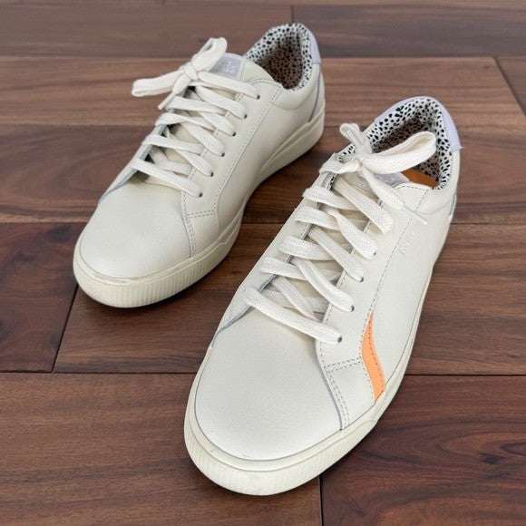 Keds Cream Leather Sneakers with Orange Stripe & Leopard Print Accent