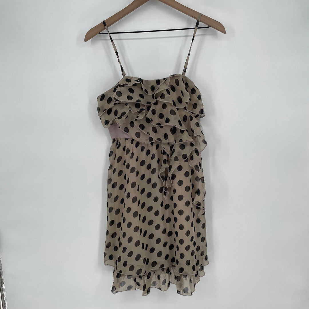 Lucy & Co Polka Dot Ruffle Dress Tan Black Spaghetti Strap Mini