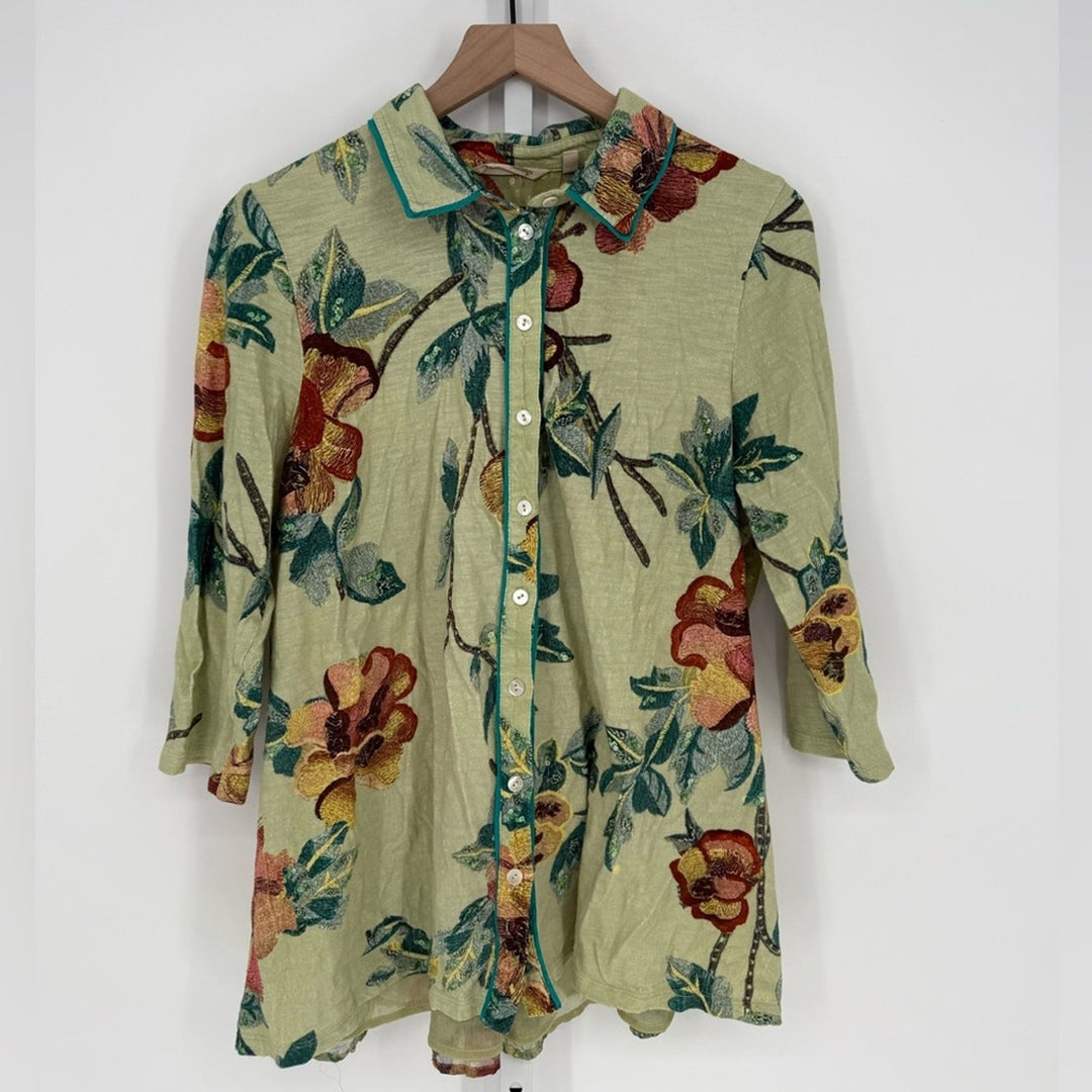 Soft Surroundings Elana Green Tropical Floral Button Tunic Top Size PL