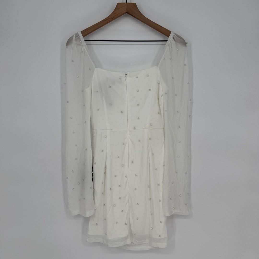 Lulus Admirably Divine White Mesh Pearl Long Sleeve Mini Dress Size S