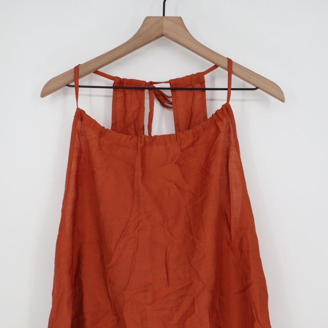 AOLRO Orange Crinkle Tiered Midi Dress Halter Neck Tie Back Size L