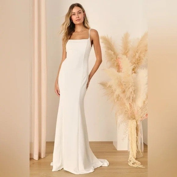 Lulus Blessed Romance White Sleeveless Button Back Mermaid Maxi Dress Size M