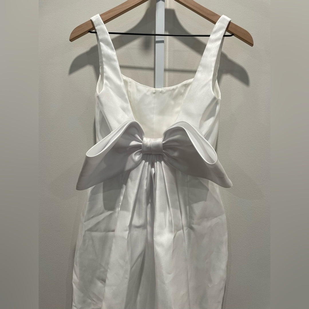 Alfred Sung Scoop Neck Corset Satin Midi Dress With Floor-Length Bow Size 0